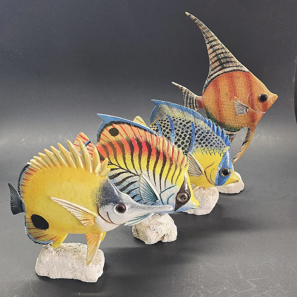 4 Hand Carved Hand Painted Tropical Fish on Real Coral Base 6